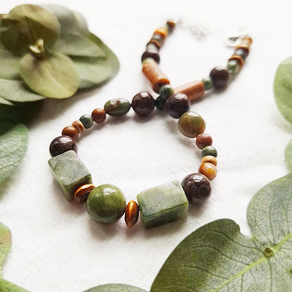 Multi-Stone Boho Goblincore Beaded Choker, Earthy Whimsigoth Crystal Choker